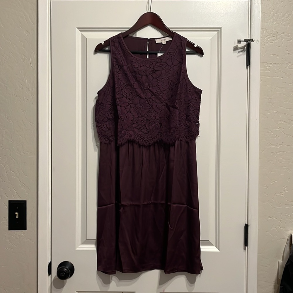 Loft purple lace over silk slip dress